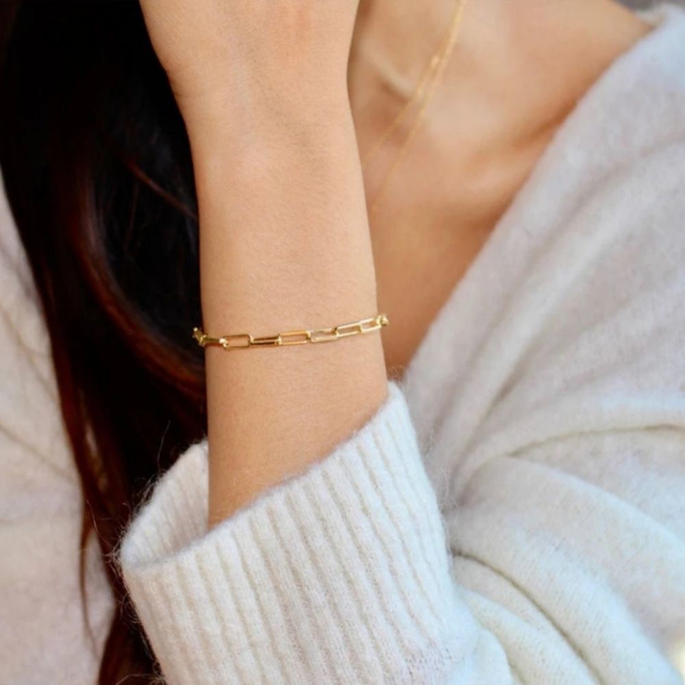 Paperclip Chain Link Womens Wrist Bracelet Gold Plated Stainless Steel New
